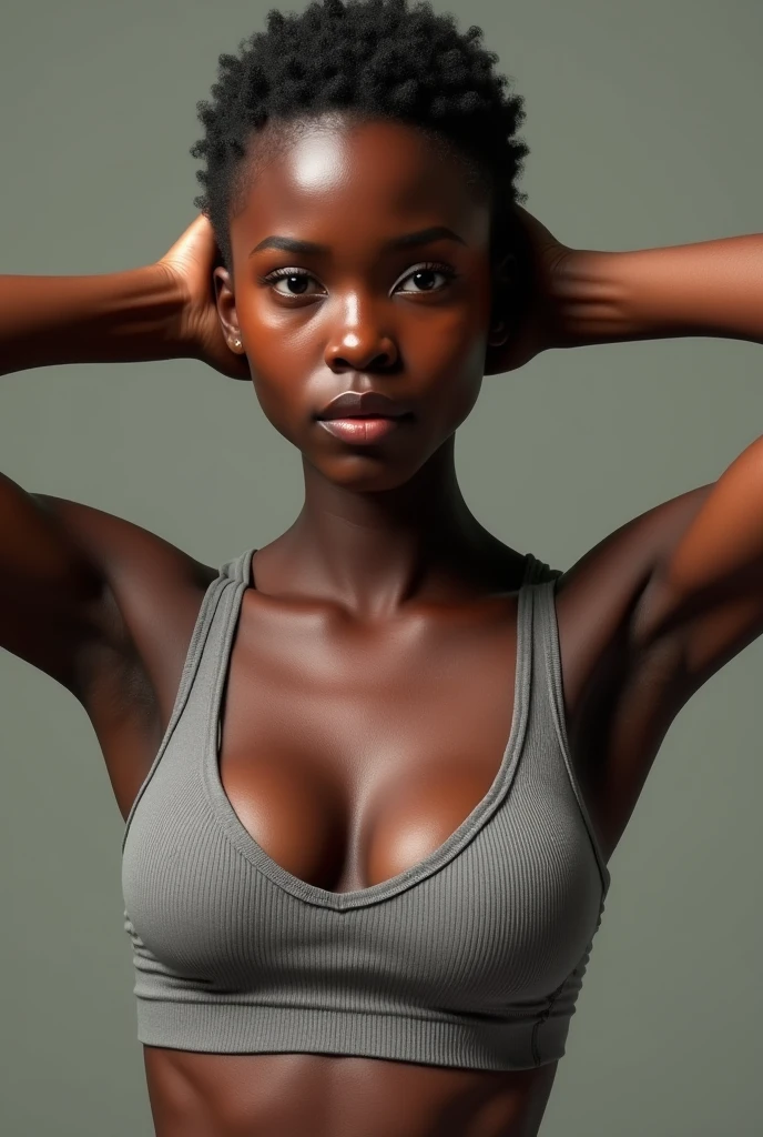 (photorealism:1.2), a 30 year old African woman, in a tight seethrough tank top, dirty, small tits, visible nipples, hands behind head, armpit hair, sweaty, standing streight, frontal view, portrait, short hair, no facial expression, high detail, 4K,