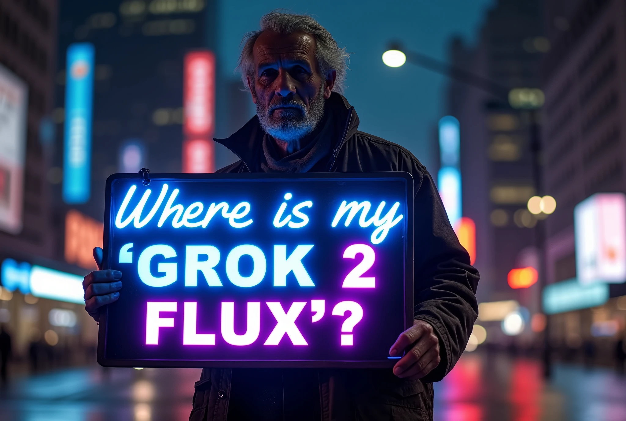 hyperrealistic lifelike photo of a homeless man wearing an elaborate outfit, holding a big blue and purple neon sign that says "Where is my "GROK 2 FLUX"?" He's' standing in front of an extremely detailed city background in the style of Roger Deakins, at night.