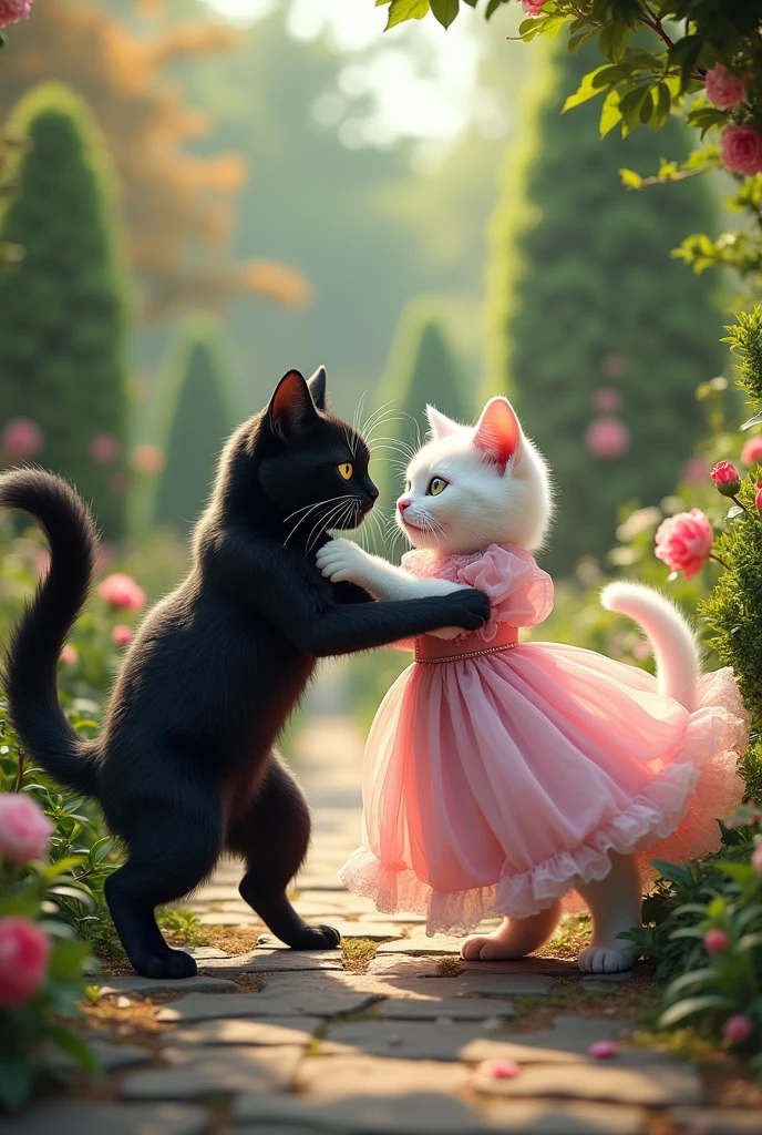 the black cat attacks on the white beautiful cat in pink dress in beautiful garden.