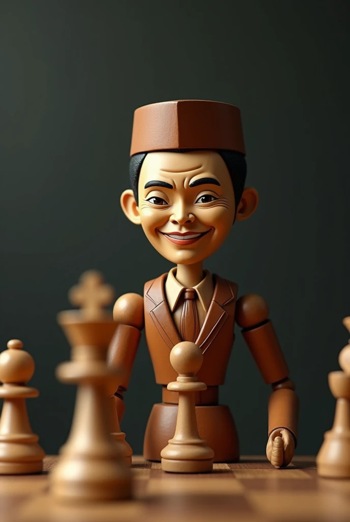 a wooden doll who is president of Indonesia "Joko widodo" wear Indonesian songkok, is playing chess lifting a chess piece and sly smile