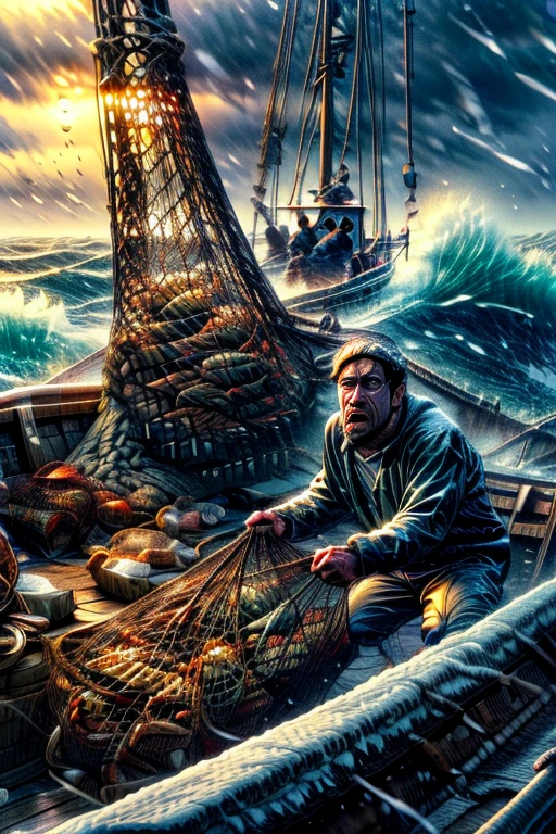 Man fishing for a shark. The scene is depicted in anime realism, showcasing a detailed, perfect illustration of fishing action. The setting features a chaotic, violent landscape with churning waters, Man skillfully handling the crab cages, and a sense of anticipation in the air as he fishes for crabs. The illustration is vibrant and captures the essence of anime realism, with careful attention to detail in the fisherman's attire, expression, and the surrounding environment, photo-realistic:1.37, (best quality,4k,8k,highres,masterpiece:1.2),ultra-detailed,HDR,vivid colors,studio lighting,extreme detail description