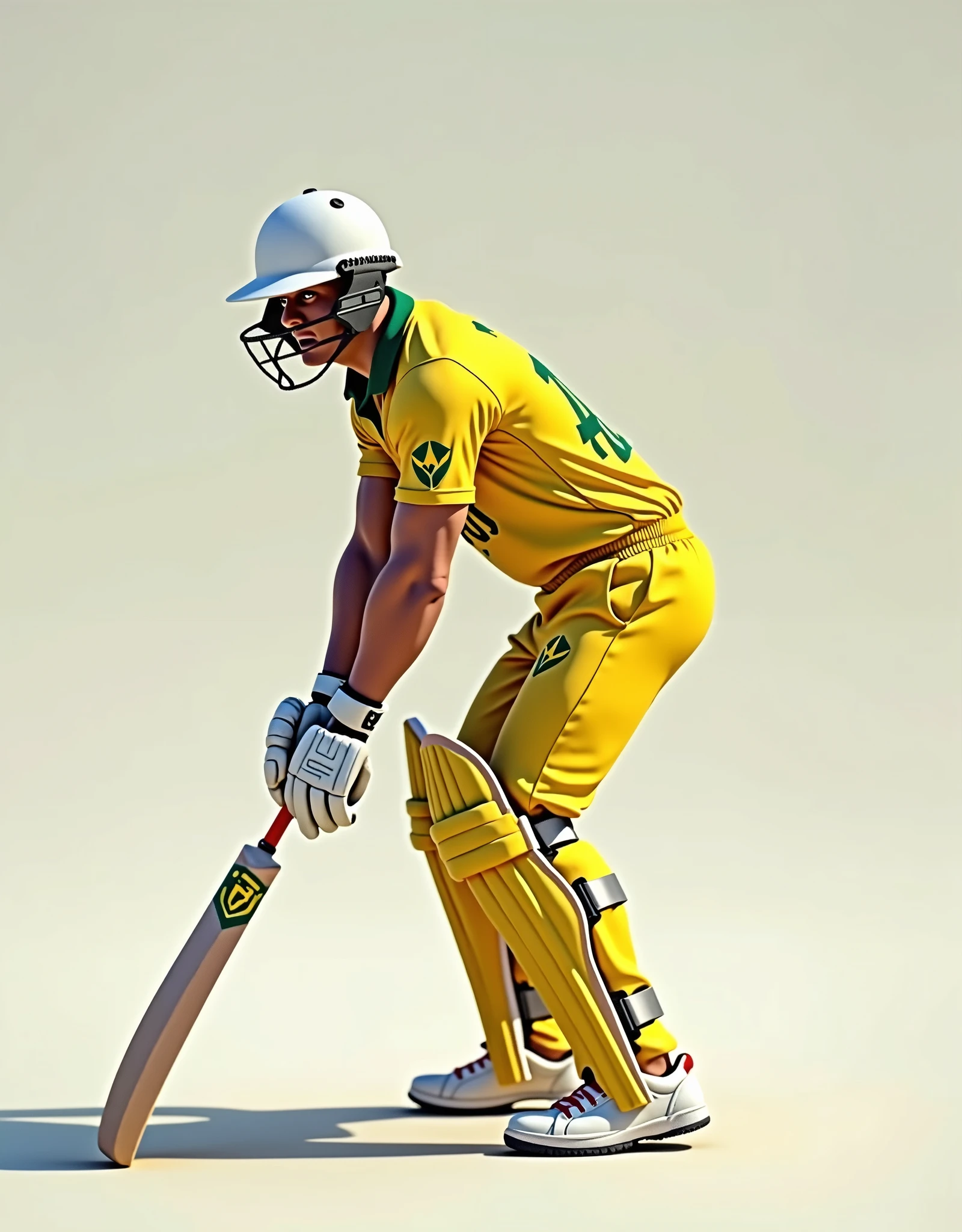 Give me a yellow jersey with AUS written on it. Wearing white sneakers. A cricket player with a helmet, leaning forward with both knees bent, holding a cricket bat horizontally with both hands placed 20 cm above the knees.,Showing the side profile of a cricket player,顶光drop shadow, anaglyph, stereogram, tachi-e, ass pov, atmospheric perspective, 8k, super detail, best quality