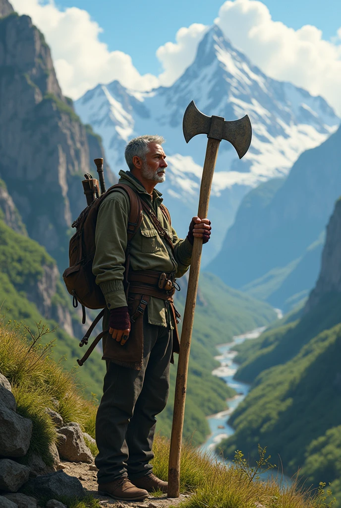 The 35 yrs old president looking toward the beautiful mountain and valley holding up his old axe 