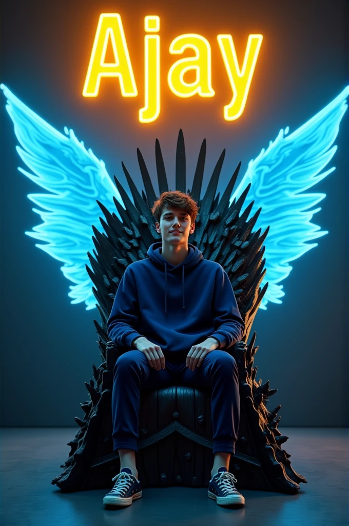 Create a 3D illusion for a profile picture featuring a youthful 21-year-old Caucasian male with a warm and engaging smile. The young man is casually seated on a white conceptualized execution of the medieval iron throne, appearing comfortable in his dark blue hoodie and sneakers. He directs his gaze straight ahead, a sense of serenity and authority in his eyes. The surrounding ambiance is set by a dark grey wall, upon which 'AJAY' is emblazoned in capital block letters, illuminated by yellow neon lighting. Enhancing his angelic persona are blue neon wings glowing softly, framing him like a modern angel, majestically residing on his throne.