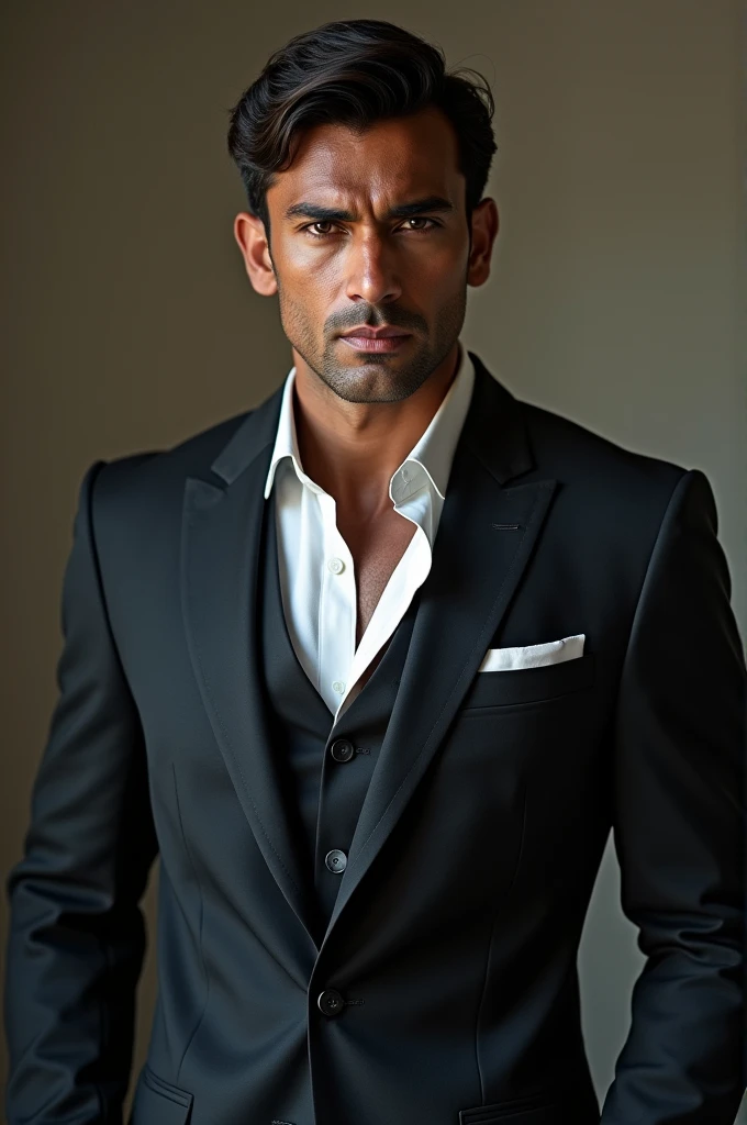 1 man, solo, tall, James bond, Indian, hunk, muscular, bulk, wide shoulder, photorealism, best quality, masterpiece, high resolution:1.2, high detailed suit, high detailed face, award winning,