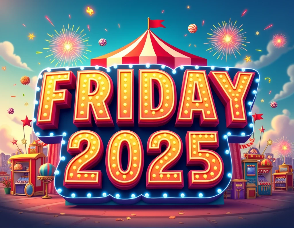 You can create a logo with letters that say "FRIDAY 2025" on uppercase letters in the center surrounded by fair elements such as mechanical games and fireworks