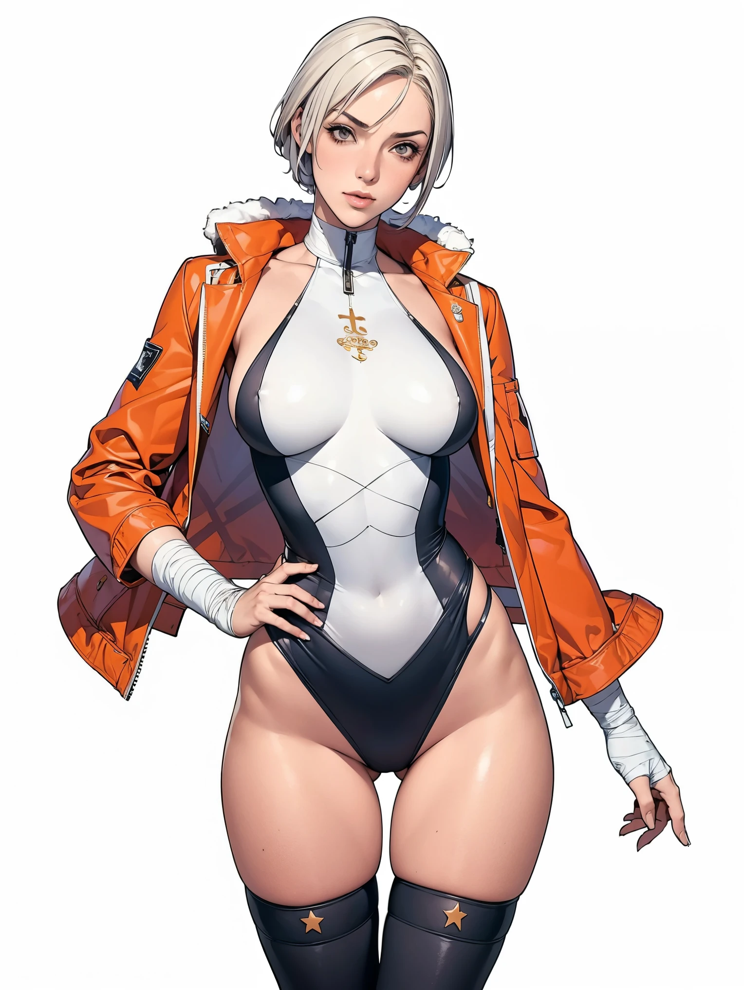 (((Annie Lennox))), (((colorful suit))), (scars), (((bandaged arms))), (((colorful clothes))) (( hood)), (((best quality: 1.4))), (Unbeatable masterpiece), (hyper HD),(CG 8k hyper-realistic), beautiful face, (((breasts big))), (((hyper feminine))), sexly girl, ((round face)), black tattoo,(ultra short red hair with white highlights)), ((( sculptural body ))), (((1 Kizi))), Kizi tatuada de 25 anos com perfect body, perfect hands, perfect fingers ,Beautiful and well-groomed face, (round face), muscular body:1.2,solid color detailed jacket, (Head to thigh photos), Complex equipment, ,Tight clothes,With white stars and off-white stripes,,,,,Armor Metal Electronic Parts, Poison tattoos ) INFO, Kizi, (((standing alone))), , 24歳, sexy, pose de attitude, work of art, dancing, ((slight smile)), post-apocalypse, (((manga style))), bounty hunter, the way you want, perfect body, roupa moderna, advanced technology, white, yellow accent, black, red accent, fur collar jacket, sleeves with vertical striped pattern, background city, (( cowboy shot )). intricate visual, narrow waist, (((wide hips))), wide hips, fit thighs, (((thigh gap))), Thigh gap, background shows a futuristic airplane, open expression, expression happy