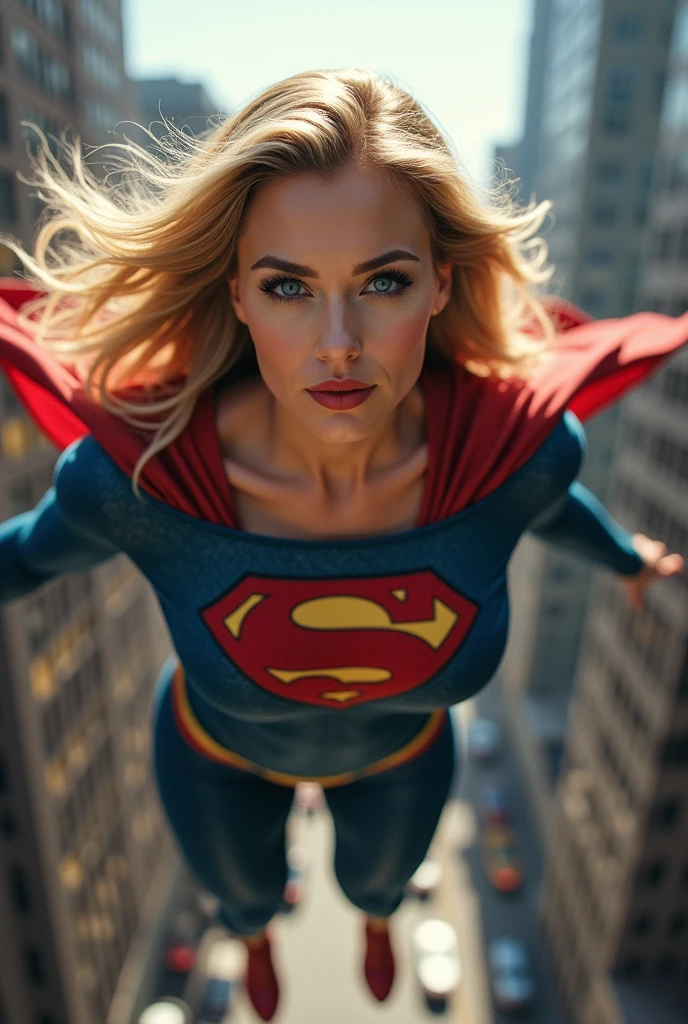 ultra realistic, photography, long straight blonde hair, (wavy elegant hair, blue eyes, perfect round lips, 30 years old, gorgeous face, voluptuous figure, perfect fit body, big enhanced breasts), Long eyelashes, ((best quality, 8 thousand, masterpiece:1.4)), Highly detailed face and skin textures, detailed eyes, she is wearing a tight and sexy Supergirl costume and flying through the Streets of Manhattan, full body picture, dynamic shot, action shot, great cleavage