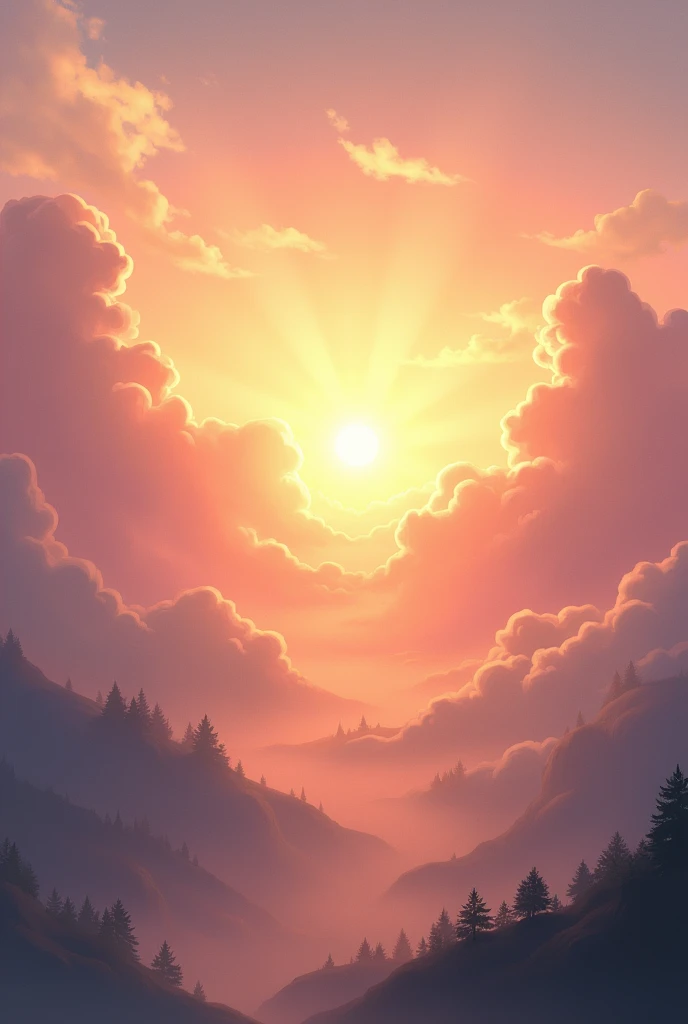 sunrays peaking through the clouds at soft sunset 