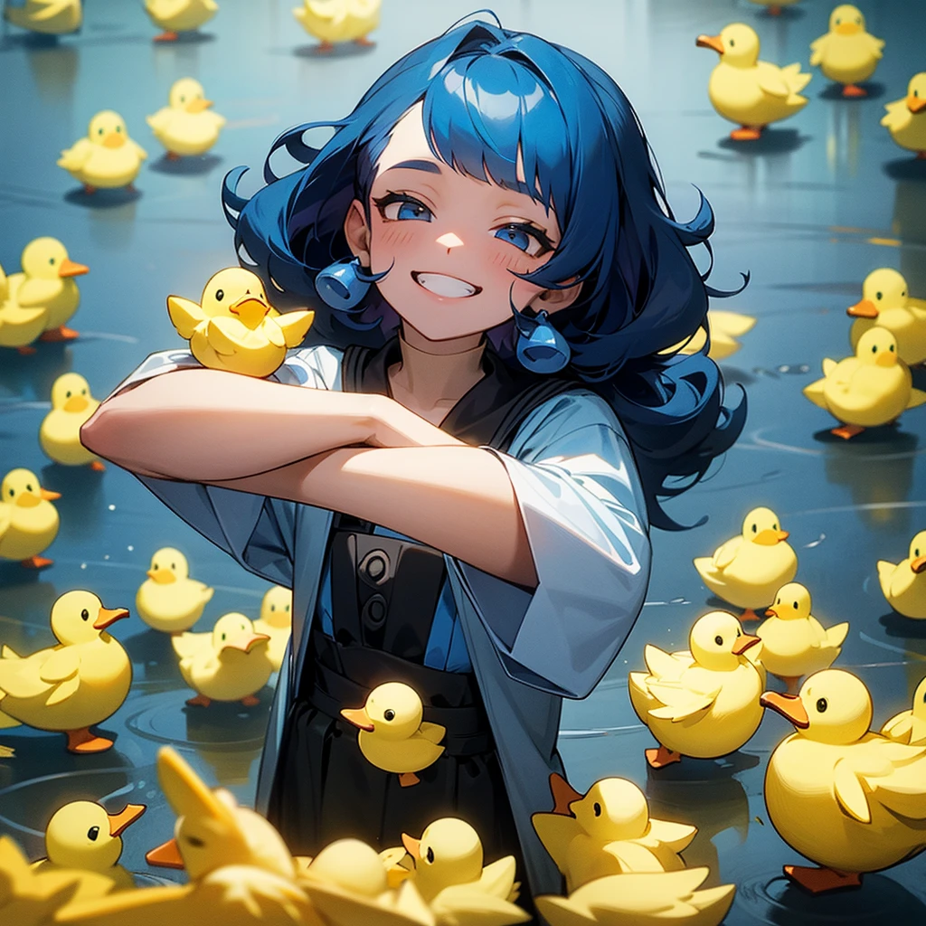  with curly black and blue hair， grin，Surrounded by many small yellow ducks