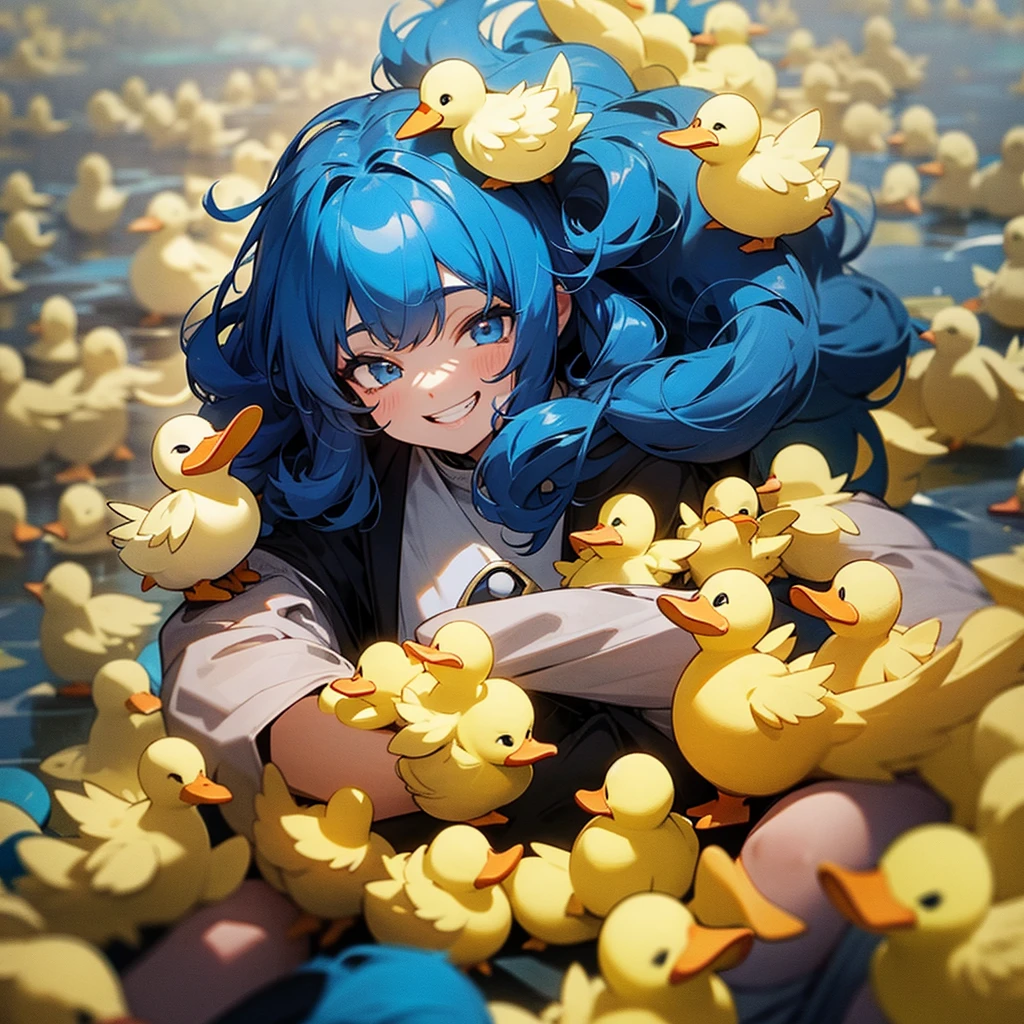  with curly black and blue hair， grin，Surrounded by many small yellow ducks