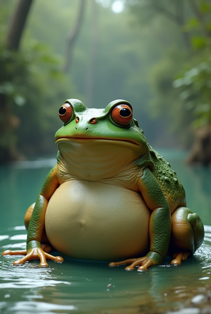 frog with a thick, ungainly body, a large mouth, big eyes, soft and sticky skin, cold to the touch. The background shows the frog sitting on both water and land."