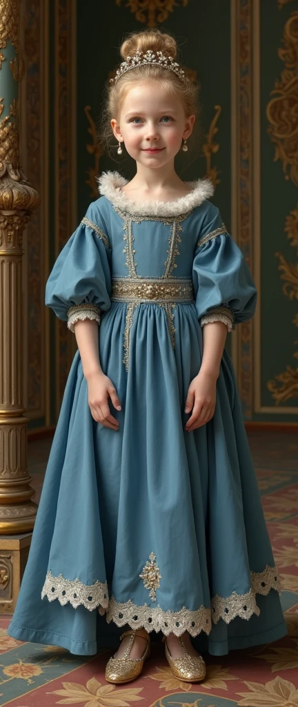 Front view, Full-body, standing pose, on floor, French Palace, 12 century, looking at viewer, English White girl, French queen, 2-old, (blond hair, hair bun, little lip, little smile ), (tiara with jewel, earring), (middle breasts, slender whist, middle hip), slender body,(ancient old fashion, courtly romance, blue color),ancient shoes, night (masterpiece, Highest quality, masterpiece, God-like quality, Godly art, Very realistic),