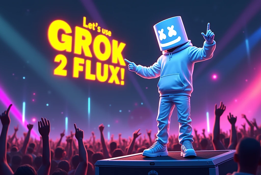 Art style: Ankama vivid animation style, Vibrant colors, expansive storyworlds, stylized characters, flowing motion.
In an outdoor, night-time EDM concert, DJ Marshmello stands on a platform, pointing at the giant floating neon yellow words "Let's use GROK 2 FLUX!" in the sky.
Marshmello's outfit features a white, LED-lit hoodie with his iconic marshmallow face logo, glowing mask with a subtle smile, white pants, and matching sneakers. His outfit shines brightly against the night sky.
Colorful beams of light cut through the dark, while silhouetted figures in the crowd raise their hands.