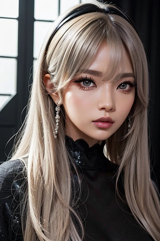Black gal style woman、(Tan Skin:1.4)、Long silver hair、Big eyes with crispness、Matte base makeup、Heavy eye makeup、white highlight、Thick eyeliner、False eyelashes、Colored Contact Lenses、Sexy and edgy、Flashy accessories