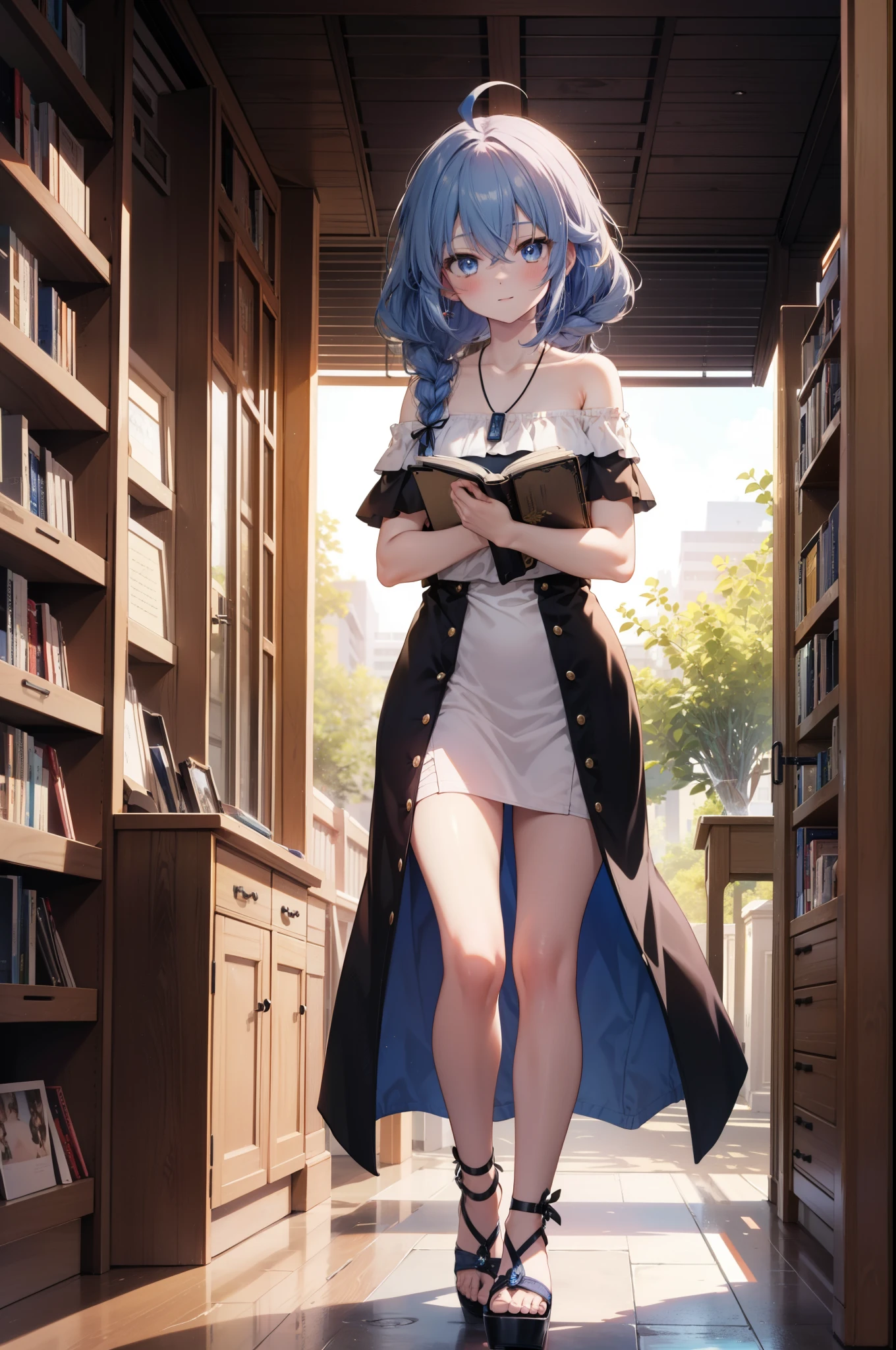 Roxymigurdia, Roxy, Ahoge, Black Ribbon, blue eyes, Blue Hair, Braiding, Hair between the eyes, Hair Ribbon, Long Hair, twin Braidings, very Long Hair, smile,blush,Open your mouth,Blue off-shoulder dress,bare clavicle,Bare neck,Bare shoulders,Rocket Pendant,Short sleeve,mini skirt,Cute heeled sandals,True Summer,Daytime,Clear skies,Walking,Bookshelf,Holding a book in both arms,whole bodyがイラストに入るように,
break looking at viewer,whole body,
break indoors,figure書館,
break (masterpiece:1.2), Highest quality, High resolution, unity 8k wallpaper, (figure:0.8), (Beautiful attention to detail:1.6), Highly detailed face, Perfect lighting, Highly detailed CG, (Perfect hands, Perfect Anatomy),