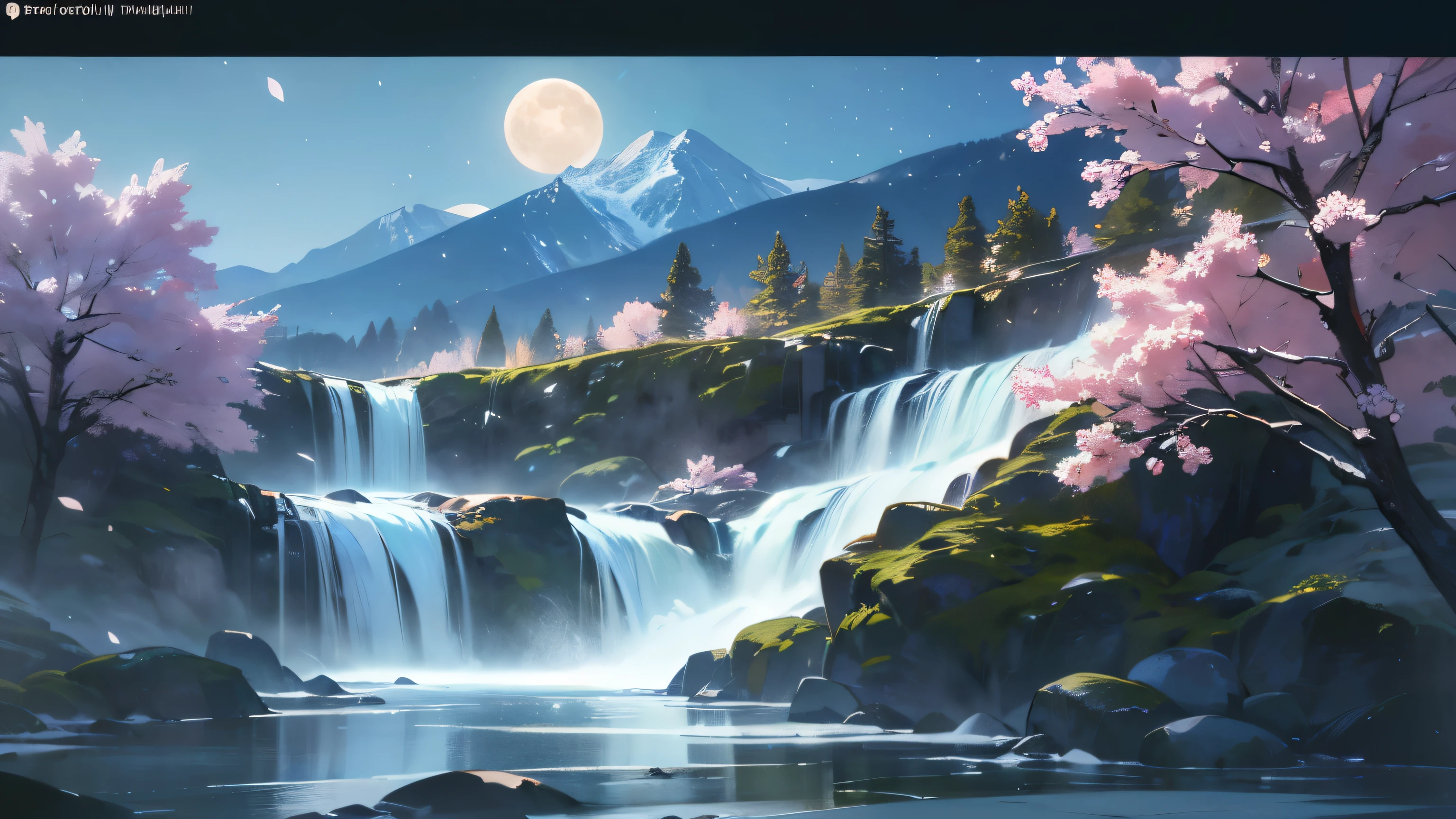 a starry night sky, sakura petals floating in the air, snow-capped mountains in the distance, full moon, detailed waterfalls, lush green foliage, warm lighting , galaxy colors, ethereal atmosphere, (best quality,4k,8k,highres,masterpiece:1.2),ultra-detailed,(realistic,photorealistic,photo-realistic:1.37),landscape,concept art