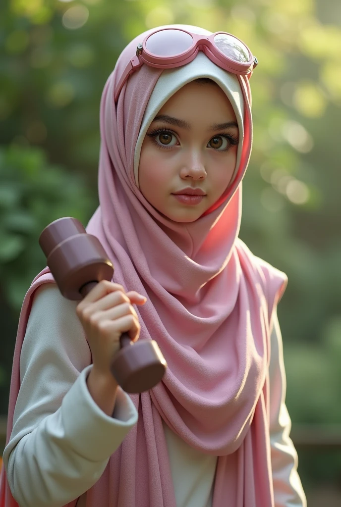 a realistic 1girl wearing a hijab, detailed beautiful face, Hijab Muslim. Wear pink white.small Safety Pink google spectacle top of the head rubber band. Age old. Jump on and have a super strong power. One hand lifting the 50kg dumbbell. Bokeh background. At the garden. Wear sneakers white boots, detailed lips, long eyelashes. Hero, modest expression, delicate facial features, natural skin tones, hijab covering head and neck, detailed folds and textures of hijab, natural lighting, high quality, photorealistic, 8k, best quality