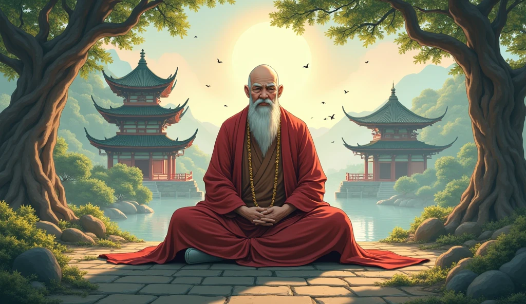 Chinese Old monk sensei, surrounded by temples, beautiful trees, in anime style,