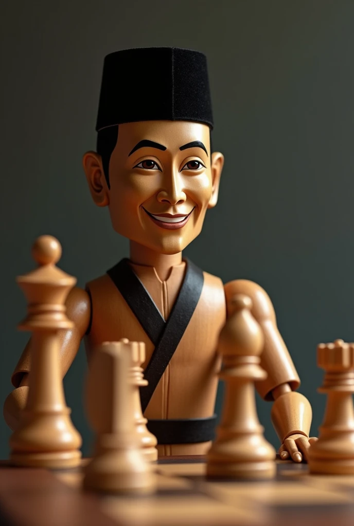 a wooden doll who is president of Indonesia "Joko widodo" wear Indonesian black songkok, is playing chess lifting a chess piece and sly smile