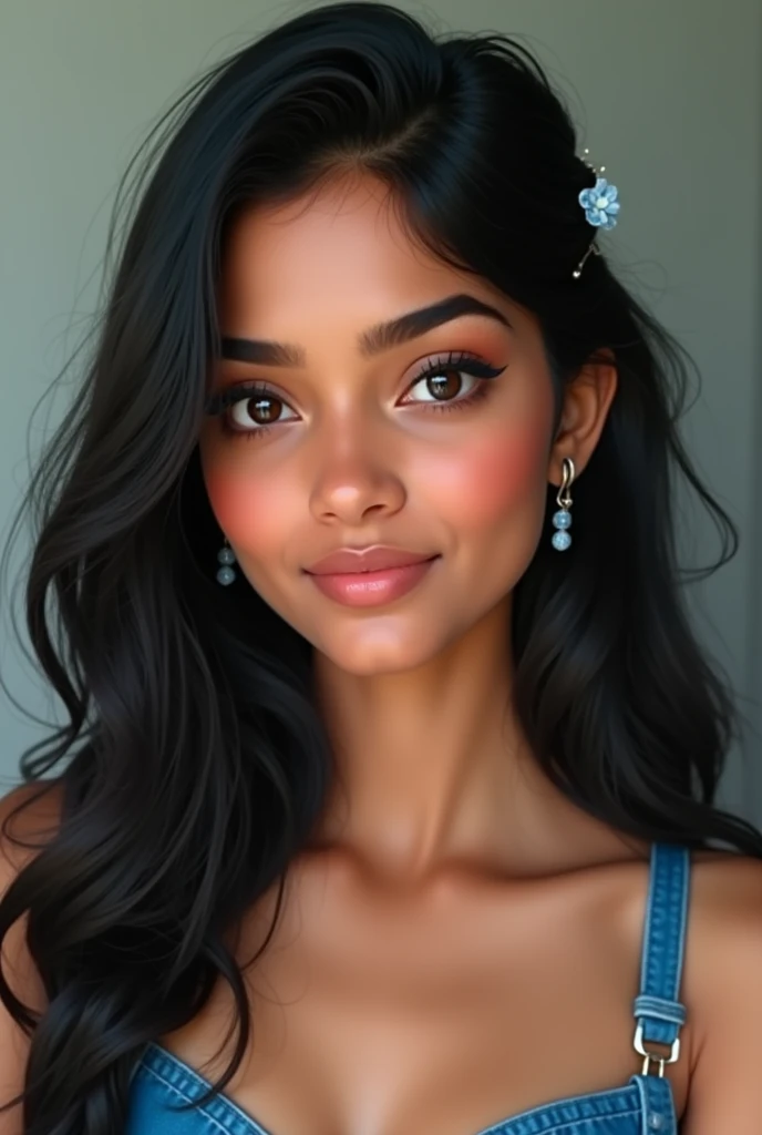 light blue hair ornament, blue suspenders, blue clothes, light blue eyes, bare feet, double braids beautiful 26-year-old Indian woman with a fair complexion and a warm undertone, almond-shaped dark brown eyes, long lashes, a straight nose, full lips with a natural rosy tint, and long, jet-black hair styled in soft waves. The face should remain identical across all images.