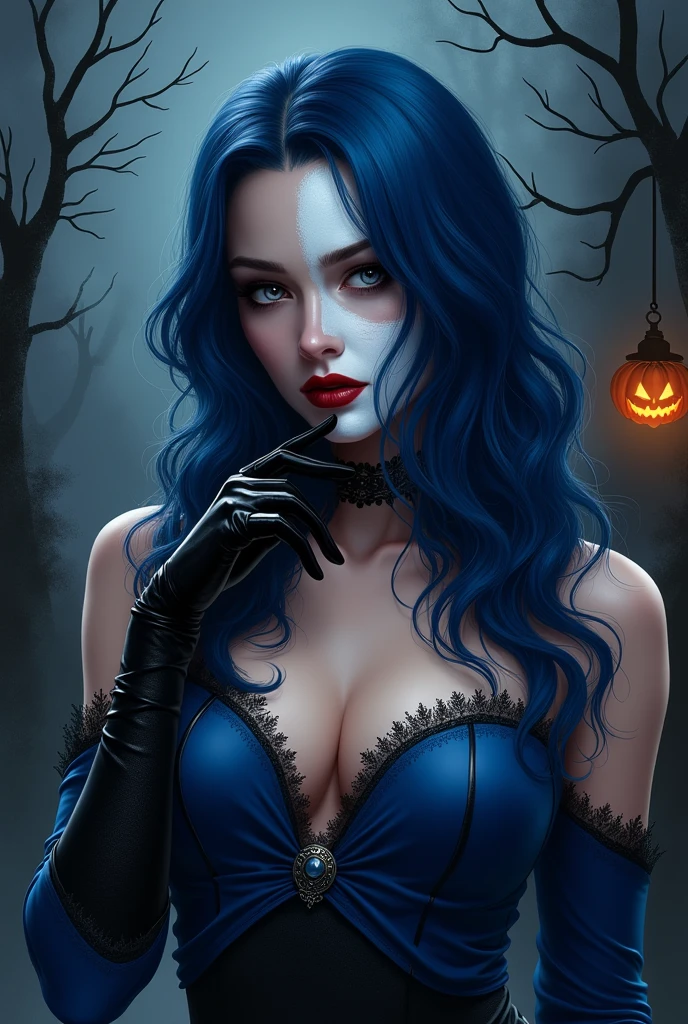 Woman with dark blue wavy long hair wearing blue and black clothing and black gloves looking sideways at the viewer, seductive Tifa Lockhart portrait, Female abuser, Angela White, , Tifa Lockhart, extremely sexy woman，Has long wavy dark blue hair, 2 b, 2b, portrait of Tifa Lockhart,  Devil costume, European and American women, The charming Tifa Lockhart, horror scene dead tree pumpkin lantern.Half white face makeup eyes