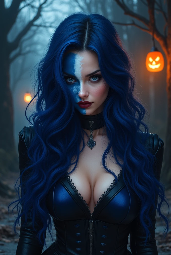 Woman with dark blue wavy long hair wearing blue and black clothing and black gloves looking sideways at the viewer, seductive Tifa Lockhart portrait, Female abuser, Angela White, , Tifa Lockhart, extremely sexy woman，Has long wavy dark blue hair, 2 b, 2b, portrait of Tifa Lockhart,  Devil costume, European and American women, The charming Tifa Lockhart, horror scene dead tree pumpkin lantern.Half white face makeup eyes