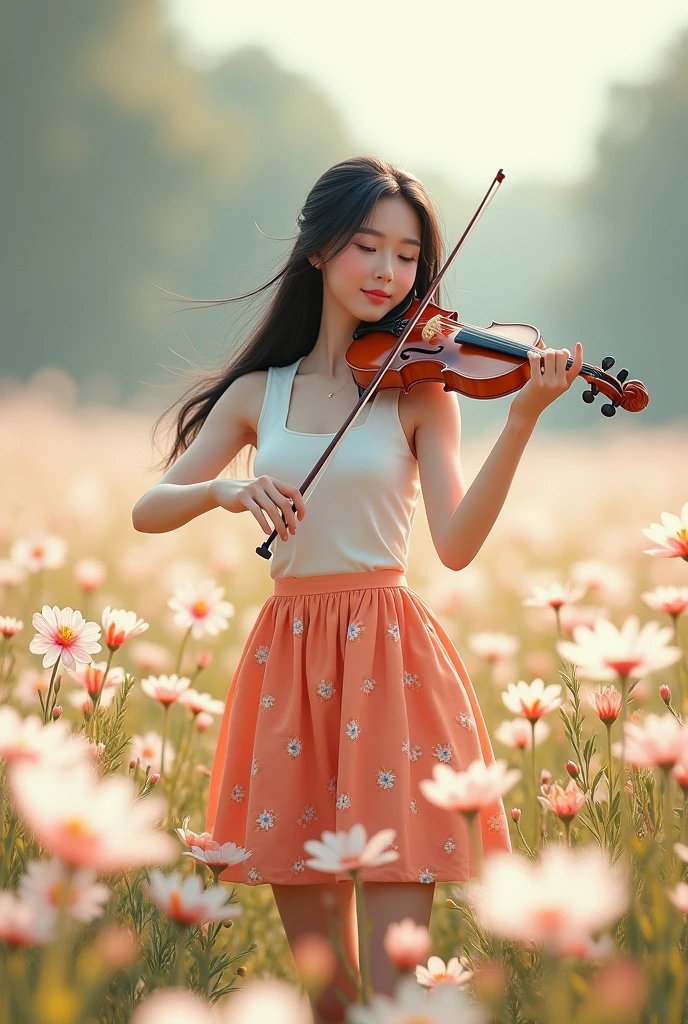 full lenght hiper 2k like a scene from a movie, in the middle of a small field of white and pink flowers, a beautiful, sweet, and gentle young woman of 20 years old, wearing a white sleeveless dress, a short orange skirt, small pink flower patterns, long black hair, standing and playing the violin in the midst of a beautiful atmosphere. Oil painting, 3D painting, art of Professor Chalermchai Saengruangrong, with film-quality clarity.
