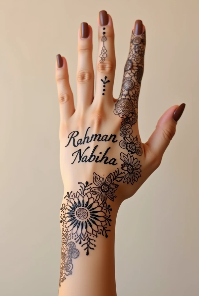 Rahman nabiha written by mehendi on girl hand more realistic