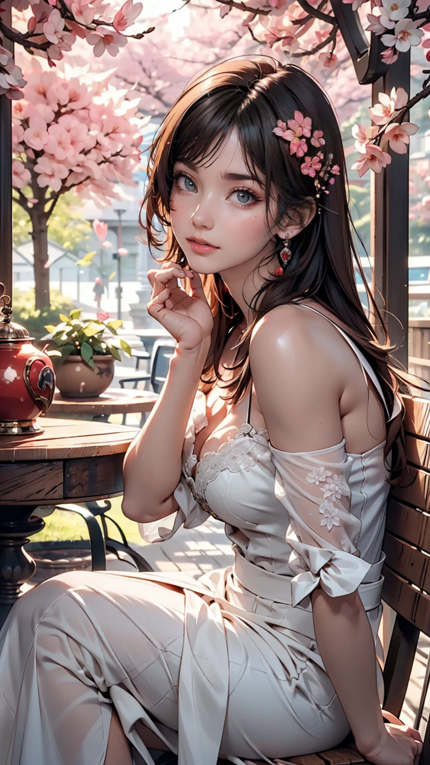 portrait, elegant adult woman, Brown eyes, Long Black hair, 4k resolution, high quality cg, beautiful cg, soft light, sitting, sakura themes,