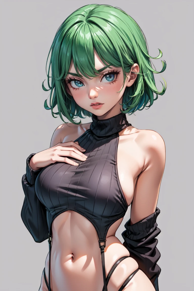 (masterpiece), Best quality, expressive eyes, perfect face, 1 girl, Tatsumaki, breast, standing, ((маленькая breast)), One, (press), ((green hair)), short hair, green eyes, ((Tsundere)), ((surrounded)), ((shy), I look at the viewer, Perfect eyes, perfect face, ((hands behind your back)), ((hands down)), ((upper body)), simple background, Gray background, virgin destroyer sweater, Navel, thigh high,
