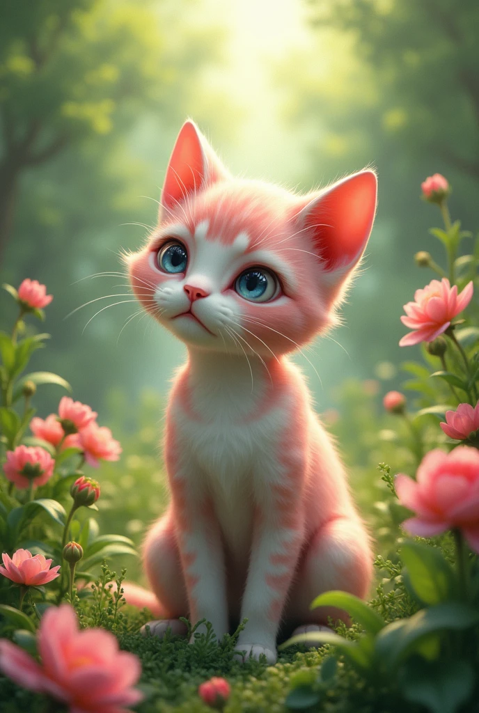 the pink white beautiful cat crying for the help in beautiful garden