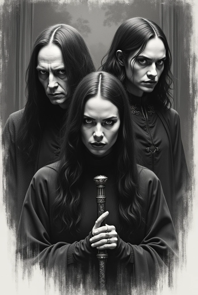 Give me pencil sketch of movie harry potter, draw original characters of that movie please draw Prof. snape and voldemort, lucius malfoy and bellatrix. Make Death eater theme
