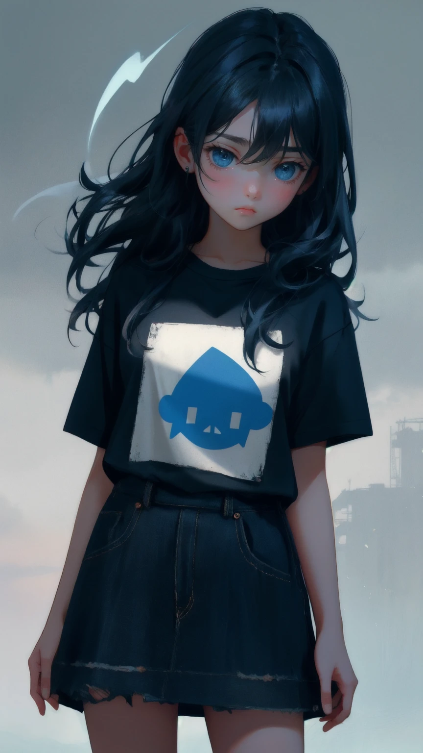 Create an image featuring a cute girl with wide, teary eyes and a distressed expression, standing alone under a dark, stormy sky. She wears a torn and dirty t-shirt with the word 'Shakeout' printed on it. The background should be dominated by shades of blue, with ghostly shapes and figures floating around, each labeled with the phrase 'Weak Hands.' The overall atmosphere conveys a sense of fear and vulnerability, with the girl's pouting face and trembling posture emphasizing the theme of uncertainty and anxiety.