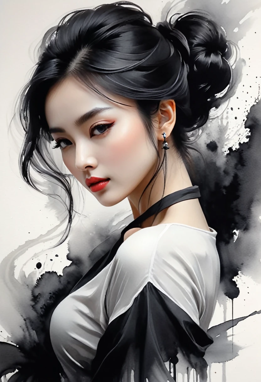 Kizi，ink painting，soft brushstrokes，Draw delicate lines with a pen，Fluid action，Subtle ink tones，elegant posture，calm look，delicate features，black andwhite，to clean