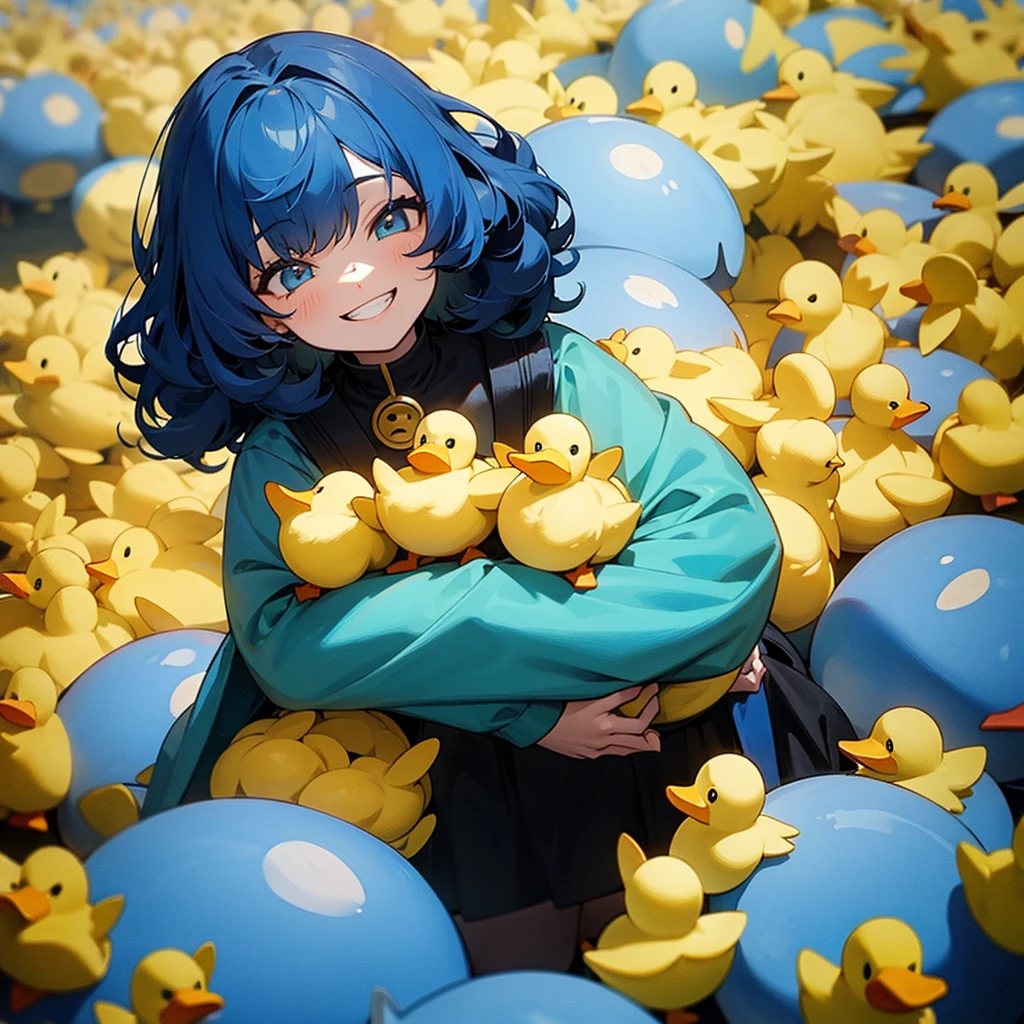 with curly black and blue hair, grin,Surrounded by many small yellow ducks