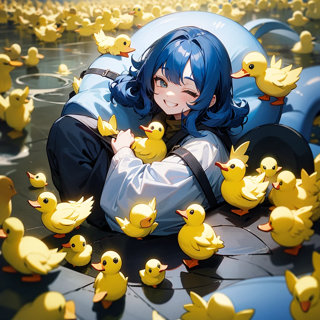  with curly black and blue hair， grin，Surrounded by many small yellow ducks