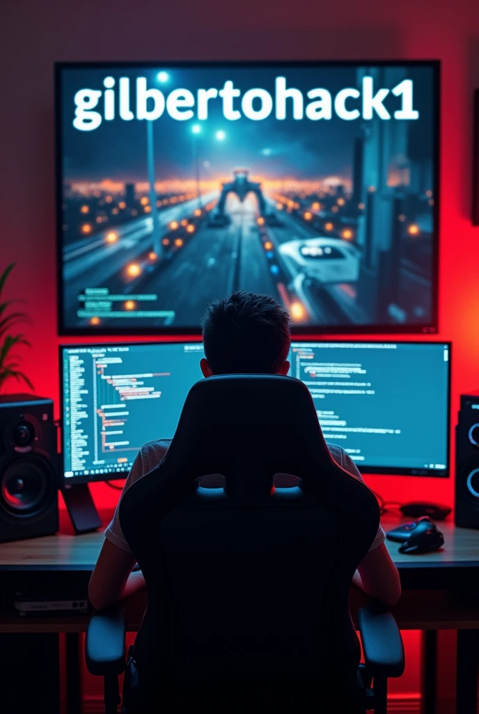 Epic realistic photography, of a 19-year-old boy sitting with his back turned, in a gaming chair in a gaming room with a computer and big screens, On the screen you can see images of hackers. I want the name GilbertoHack1 to be seen on one of the screens in large letters. 