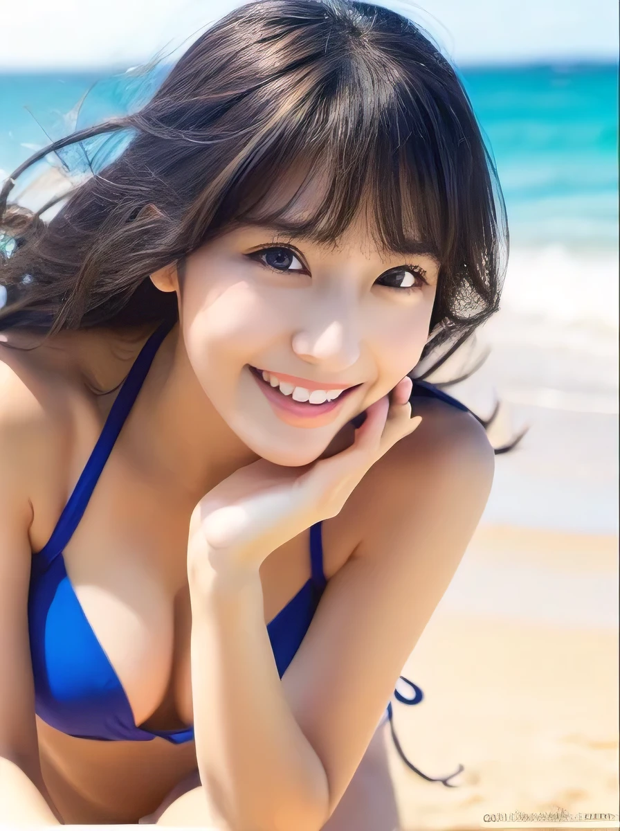 （photorealistic：1.3）　Natural light　Sexy pose　（Japanese woman in her early 20s、Drooping eyes）　beach　Long black hair with bangs　straight　Swimwear　Big Breasts：1.3　smile
