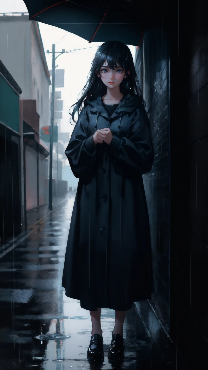 Create an image of a cute girl standing alone in a dark alley, drenched in rain, with her face showing a mix of sadness and fear. The phrase 'Weak Hands Shakeout' is faintly visible, floating in the air around her. The background should be primarily blue, with raindrops and shadowy figures emphasizing the mood of anxiety and uncertainty. The girl's expression, with wide eyes and a trembling lip, should capture the emotional toll of a difficult situation.