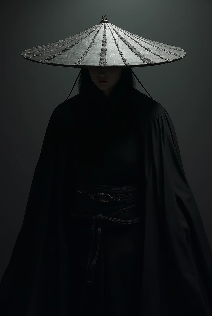 create an all black character with a samurai hat with a vellum attached to the edges of the hat