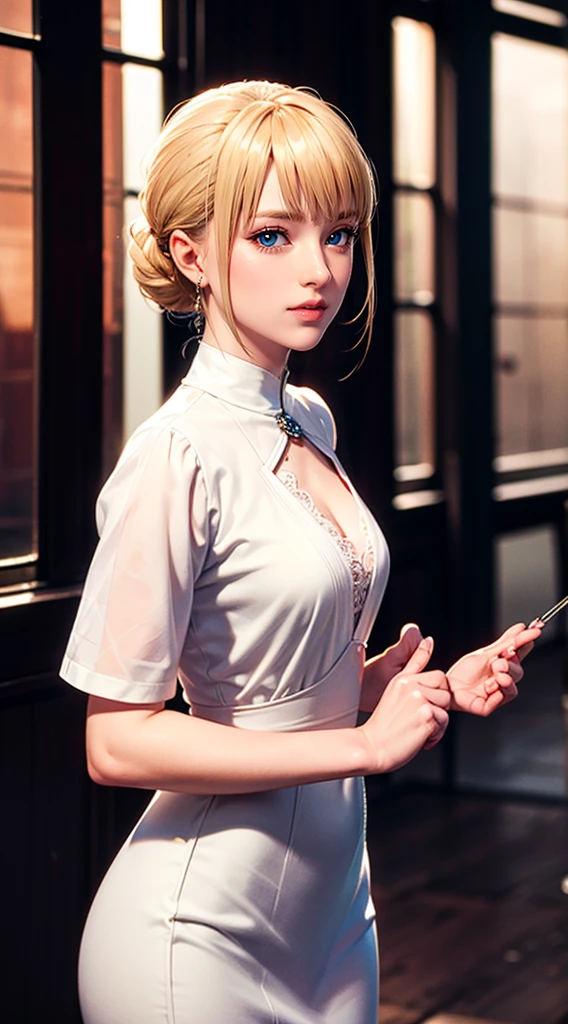 Internet,Lucy_Cyberpunk,win,blond,White Dress,((masterpiece)),high resolution, ((best quality)),masterpiece,Top quality,Best quality,((( Looking at the audience, There is light in the eyes))),(((Light and shadow intertwine,White skin,Smiling,confidence))),cowboy shoot:1.6