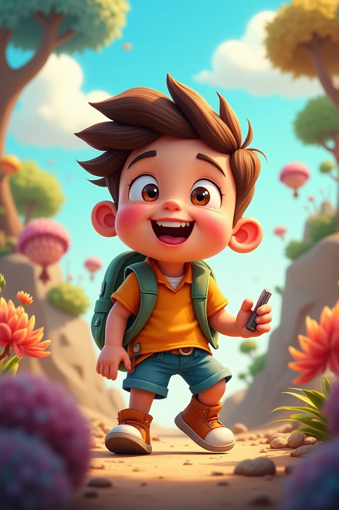 A male cartoon character who exploring something with smile 