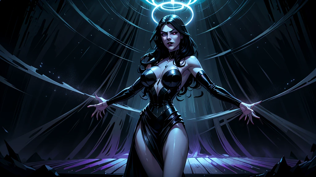 Create a surreal and haunting high fantasy Imagine uma mulher incrivelmente linda, a vampire with porcelain skin and long, flowing black hair that cascades down her back like a night waterfall. Your eyes shine with an unearthly intensity, She is on a dimly lit stage, surrounded by a halo of spotlights that cast an eerie glow over her pale skin. In your hands, she holds a sleek black electric guitar, its body adorned with intricate gothic carvings that seem to glow and sparkle in the light. The guitar neck is long and thin, perfect for your delicate, vampiric fingers to dance. While she plays, the strings seem to scream and wail, the sound waves pulsing through the air like a living thing. The stage is set with a backdrop of dark and crimson curtains, that seem to wave and sway in the wind like a dark, malevolent entity. The floor is covered in a sea of Marshall amplifiers, their stacks towering above the vampire like sentinels of sound. The air is thick with the smell of sweat, smoke and ozone, the very electric atmosphere of anticipation. Lighting is a key element of the scene, with spotlights and strobe lights casting an unearthly glow over the vampire and her instrument. The lights appear to pulse and strobe in time with the music, Creating a hypnotic effect, trance-like, in the audience. The general mood is one of high-energy excitement,