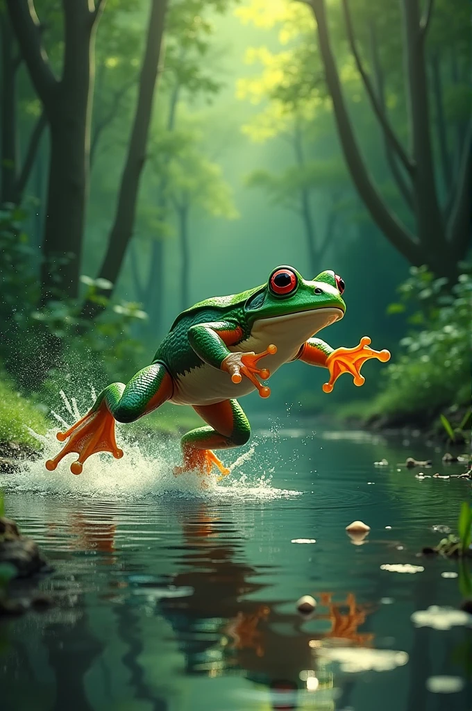 A frog leaping on land and swimming effortlessly in water, showing its agility. The background depicts a lush forest with a pond.