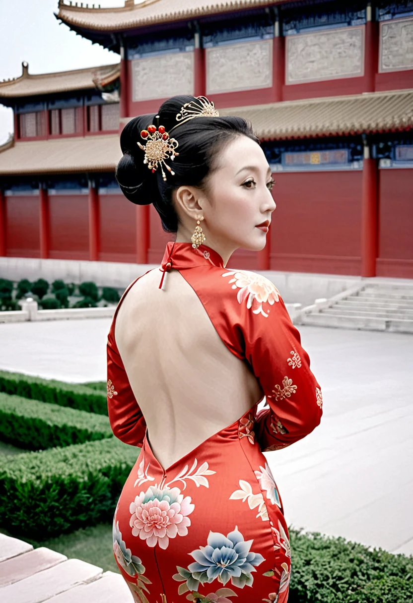 The empress of the Qing Dynasty is wearing a red floral patterned dress, posing naked with her buttocks exposed and her profile visible, outside the Qing Dynasty palace.