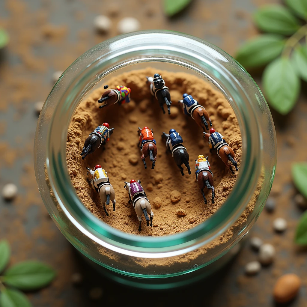 (masterpiece), (Highest quality), (Super detailed), (Ultra-high resolution), (Photorealistic:2.0),(RAW Photos:2.0), 8k, wallpaper, (glass jar:1.45), (Top view of microscopic 5 horses race at the hippodrome), (horses and jockeys are tiny), (horses and jockeys are inside the jar), (far view perspective), (From above:2.0), (horses trapped in a glass jar), (behind glass), (7 Horses and 7 jockeys racing to the finish line on clay in an oval racecourse). good lighting, photorealistic: 1.37, masterpiece, best quality, raw photo, absurd resolution, UHD, high resolution, hdr, hiperrealista, 8k,(dynamic), Dust rises behind the horses.