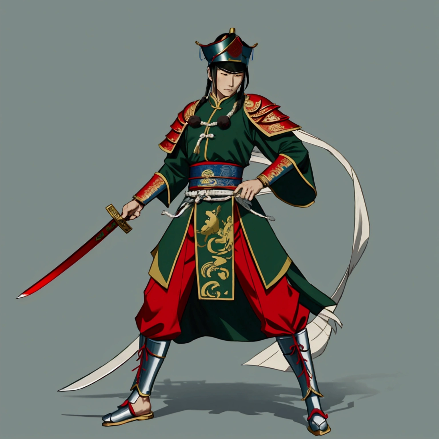Cao Cao,man,Wearing Chinese warrior costume,holding a sword,stand,Put on the green Chinese warrior shoes