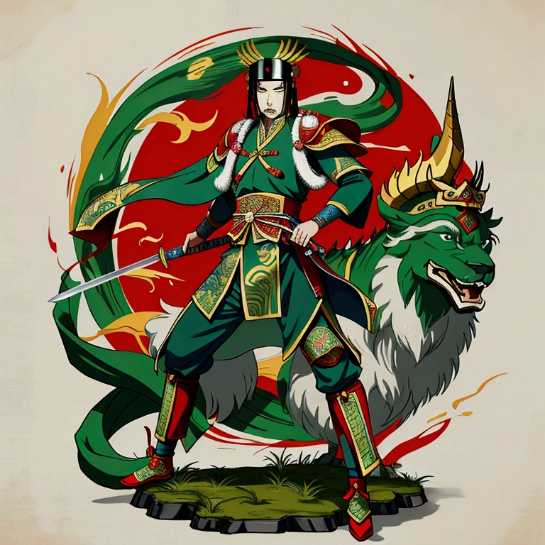 Cao Cao,man,Wearing Chinese warrior costume,holding a sword,stand,Put on the green Chinese warrior shoes