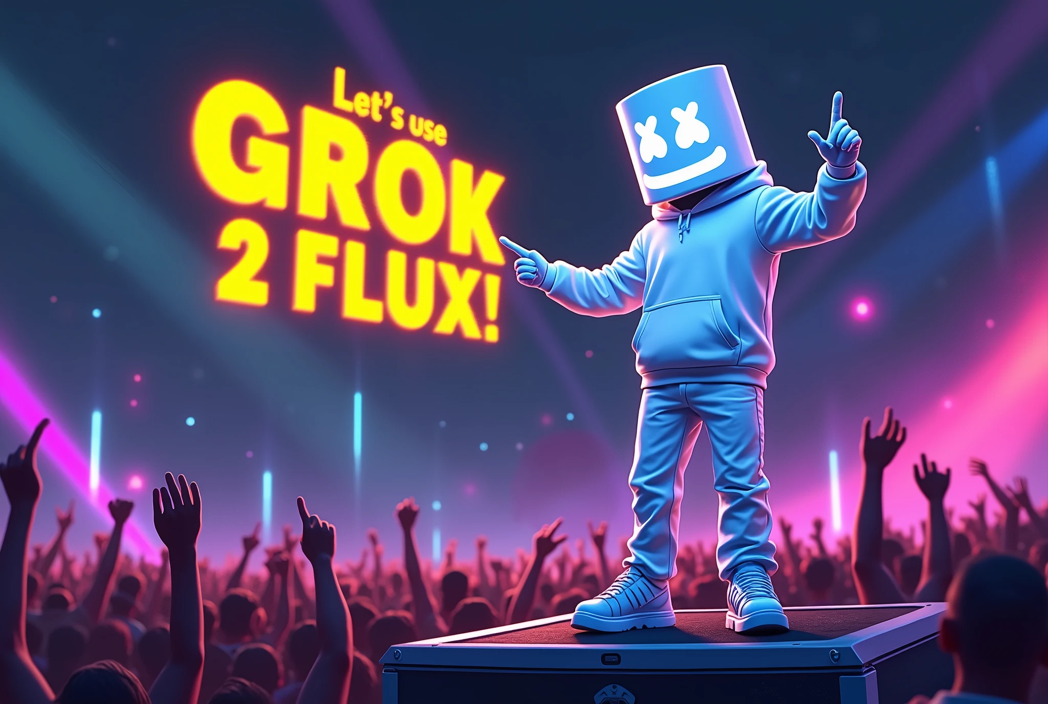 Art style: Ankama vivid animation style, Vibrant colors, expansive storyworlds, stylized characters, flowing motion.
In an outdoor, night-time EDM concert, DJ Marshmello stands on a platform, pointing at the giant floating neon yellow words "Let's use GROK 2 FLUX!" in the sky.
Marshmello's outfit features a white, LED-lit hoodie with his iconic marshmallow face logo, glowing mask with a subtle smile, white pants, and matching sneakers. His outfit shines brightly against the night sky.
Colorful beams of light cut through the dark, while silhouetted figures in the crowd raise their hands.